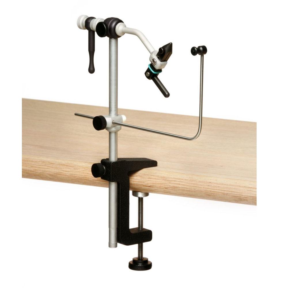 Renzetti Traveler 2200 C-Clamp Vise attached to a bench with bobbin cradle is pictured