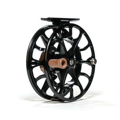 Ross Evolution LTX Fly Fishing Reel view from the front showing the Made in the USA Stamp on the reel foot and the reel handle
