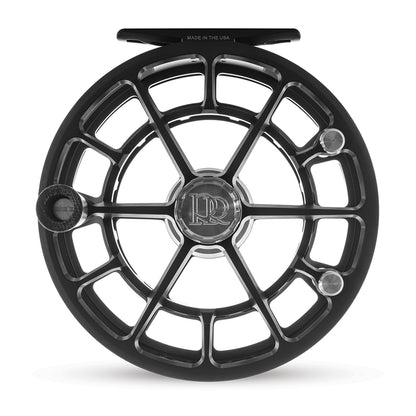 Ross Reels Evolution R Salt shown from the front with Made in the USA stamped on the reel foot and the Ross Reels "RR" imprint on the center of the reel and reel handle