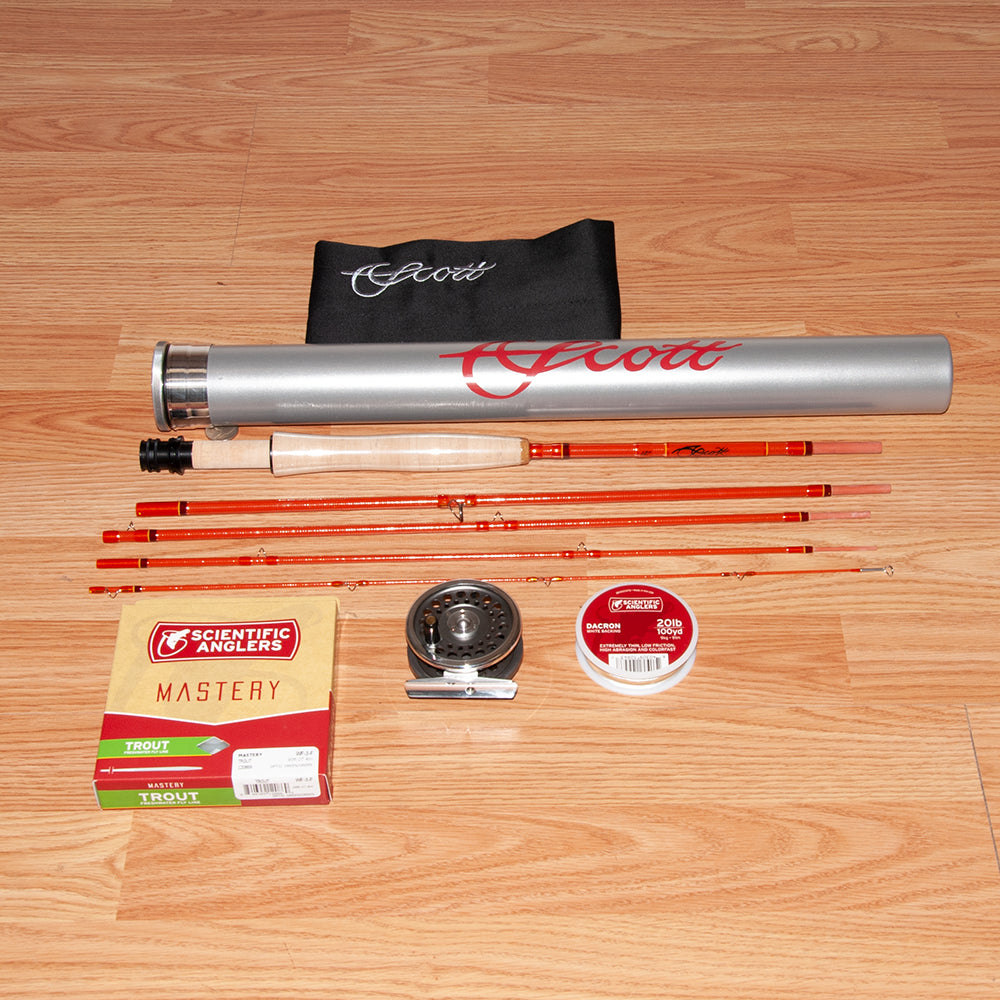 Scott F Series 7'2" 3-weight 5-piece fiberglass fly rod and Orvis Battenkill reel outfit.