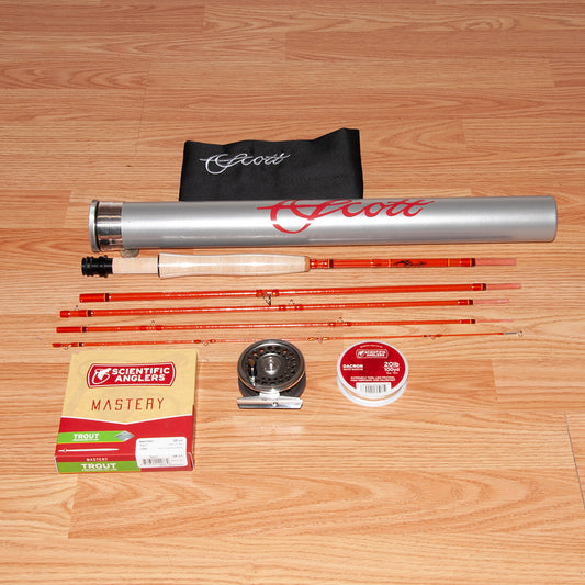 Scott F Series 7'2" 3-weight 5-piece fiberglass fly rod and Orvis Battenkill reel outfit.