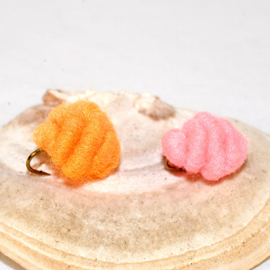 Trout Egg fly pattern shown in orange and pink