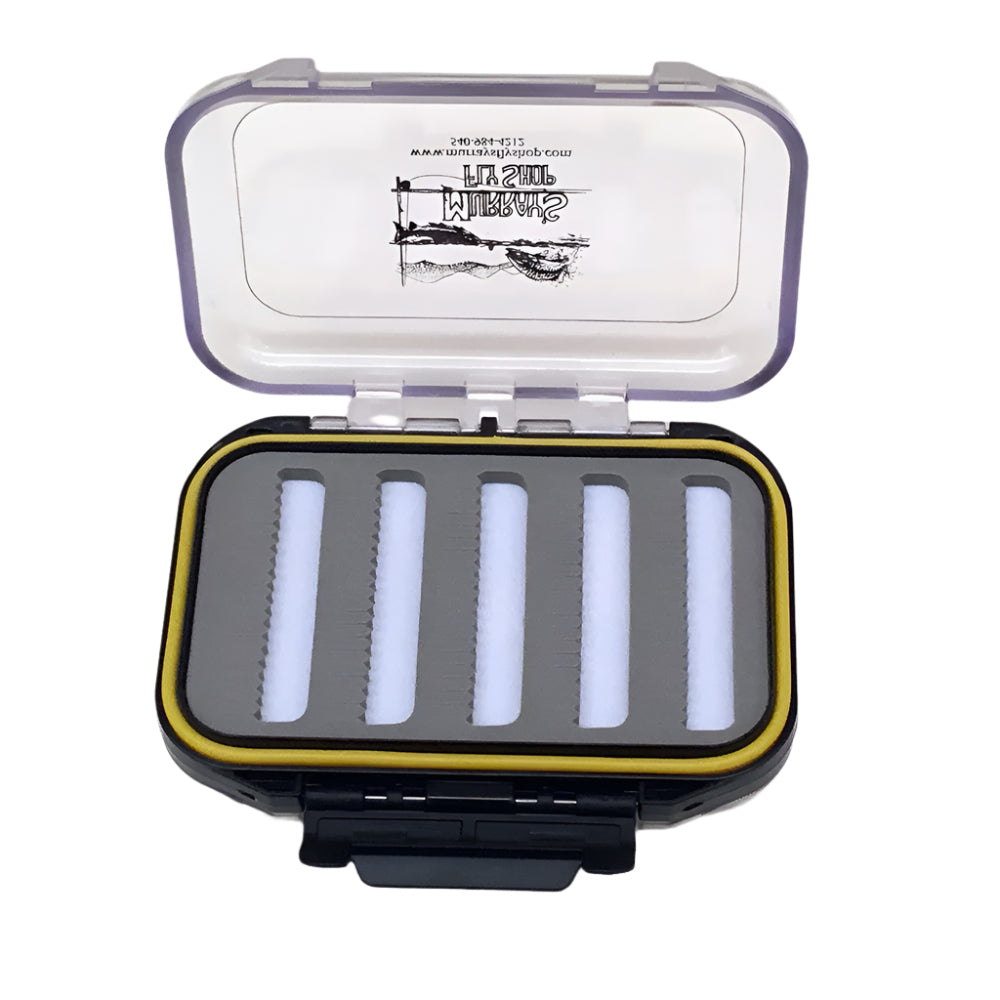 1449 Double Sided Waterproof Fly Box shown is the clear lid open exposing the gray foam inserts, the yellow waterproof gasket and the black body of the case with black latches all on a white background.