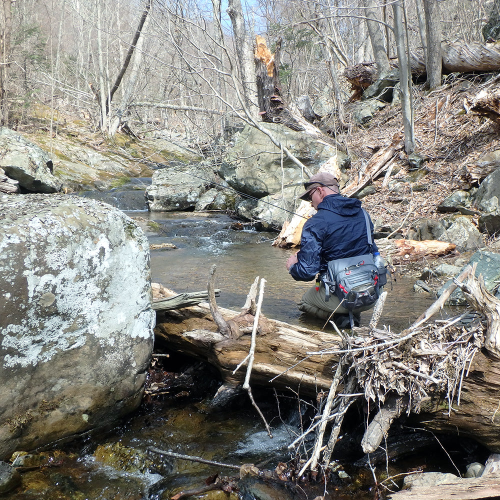 An angler fishing in a Native brook trout stream in Virginia - Looking upstream at a log jam and many rocks and trees