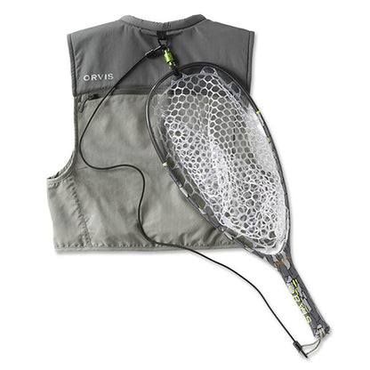 Orvis Magnetic Net Release featured with an Orvis fly fishing vest and landing net