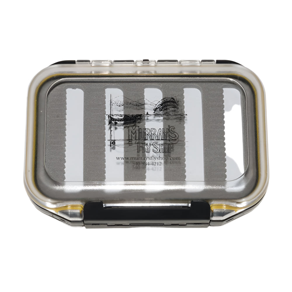 Vest Double Sided Waterproof Box - Murray's Fly Shop logo shown on the clear closed lid through which you can see the gray slit foam to hold flies.